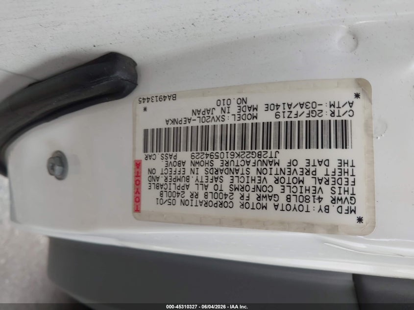 2001 Toyota Camry VIN JT2BG22K610594229 IAAI salvage auction — TOTAL BURN, Non-Repairable (Texas), sold $225 on 2026-07-17 (photo 9)