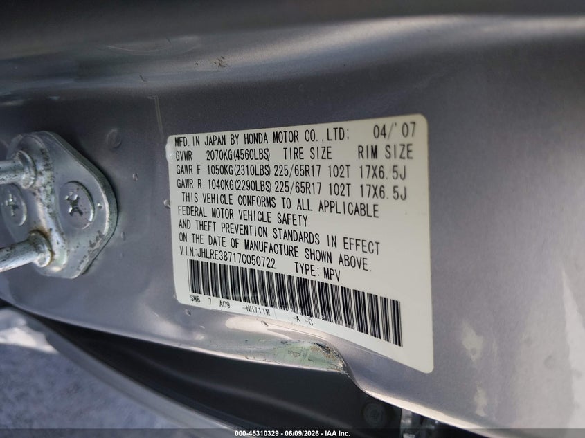 2007 Honda Cr-v VIN JHLRE38717C050722 IAAI salvage auction — FRONT END, Salvage (Missouri), sold $375 on 2026-07-14 (photo 9)