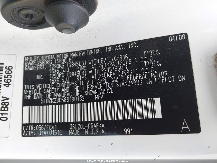 2008 Toyota Sienna VIN 5TDZK23C58S190132 IAAI salvage auction — NORMAL WEAR, Clear (California), sold $225 on 2026-07-29 (photo 9)