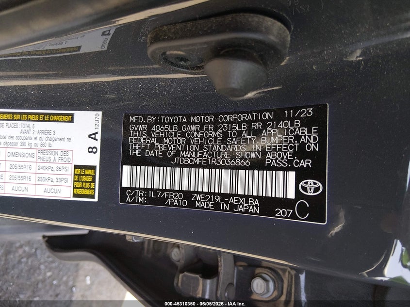 2024 Toyota Corolla VIN JTDBCMFE1R3036866 IAAI salvage auction — LEFT FRONT, Salvage Certificate (California), sold $5,025 on 2026-07-24 (photo 9)