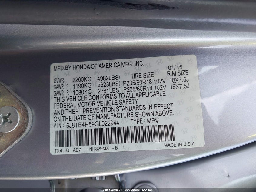2016 Acura Rdx VIN 5J8TB4H59GL022944 IAAI salvage auction — REAR END, Salvage Title, sold $1,700 on 2026-08-26 (photo 9)