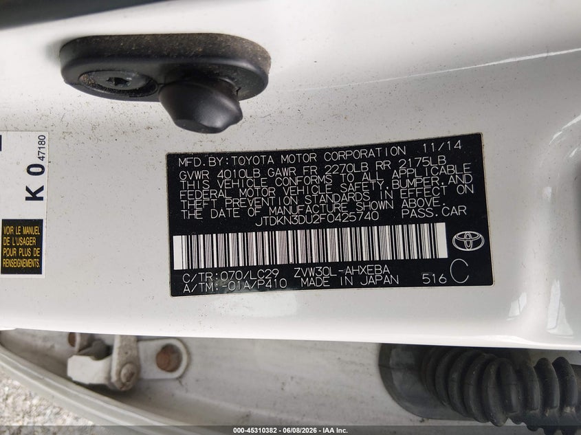 2015 Toyota Prius VIN JTDKN3DU2F0425740 IAAI salvage auction — FRONT END, Salvage Title, sold $2,750 on 2026-07-20 (photo 9)