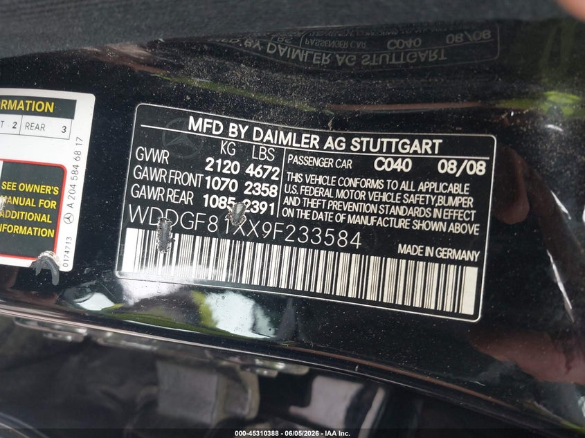 2009 Mercedes-benz C class VIN WDDGF81XX9F233584 IAAI salvage auction — ENGINE DAMAGE, Salvage (Illinois), sold $350 on 2026-07-13 (photo 9)