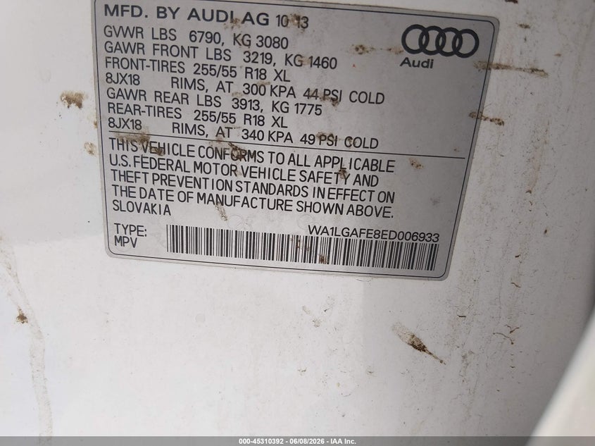 2014 Audi Q7 VIN WA1LGAFE8ED006933 IAAI salvage auction — FRONT END, Salvage Title, sold $1,325 on 2026-07-27 (photo 9)