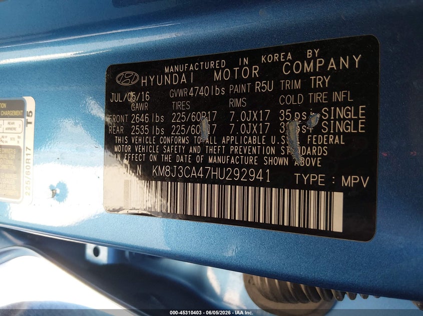 2017 Hyundai Tucson VIN KM8J3CA47HU292941 IAAI salvage auction — FRONT END, Salvage (Colorado), sold $1,550 on 2026-07-10 (photo 9)