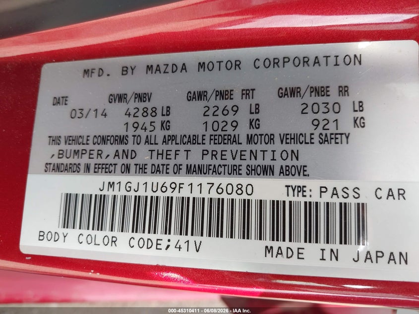 2015 Mazda 6 VIN JM1GJ1U69F1176080 IAAI salvage auction — HAIL, Clear (Oklahoma), sold $1,925 on 2026-09-01 (photo 9)