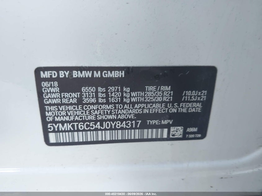 2018 BMW X5 m VIN 5YMKT6C54J0Y84317 IAAI salvage auction — UNDERCARRIAGE, Salvage Title, sold $14,900 on 2026-07-28 (photo 9)