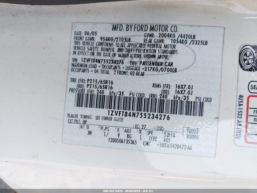 2005 Ford Mustang VIN 1ZVFT84N755234276 IAAI salvage auction — FRONT END, Salvage (North Carolina), sold $175 on 2026-07-09 (photo 9)