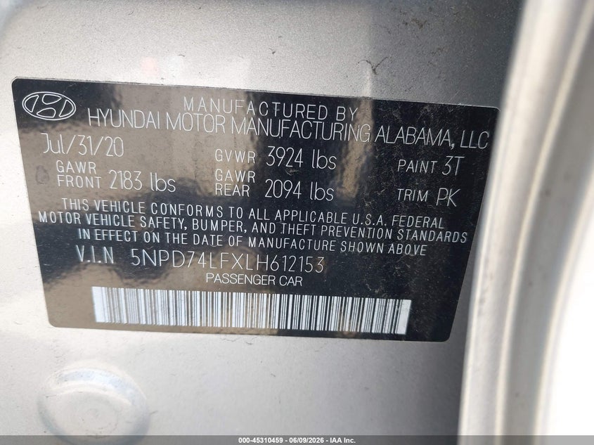 2020 Hyundai Elantra VIN 5NPD74LFXLH612153 IAAI salvage auction — NORMAL WEAR, Sf97 (California), sold $8,100 on 2026-07-28 (photo 9)