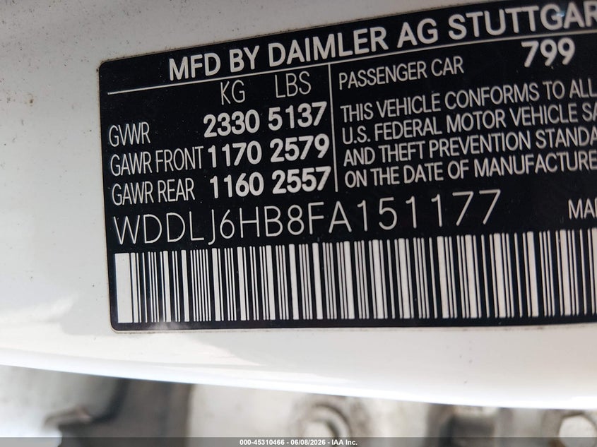 2015 Mercedes-benz Clc-klasse VIN WDDLJ6HB8FA151177 IAAI salvage auction — FRONT END, Salvage Title, sold $1,850 on 2026-07-15 (photo 9)