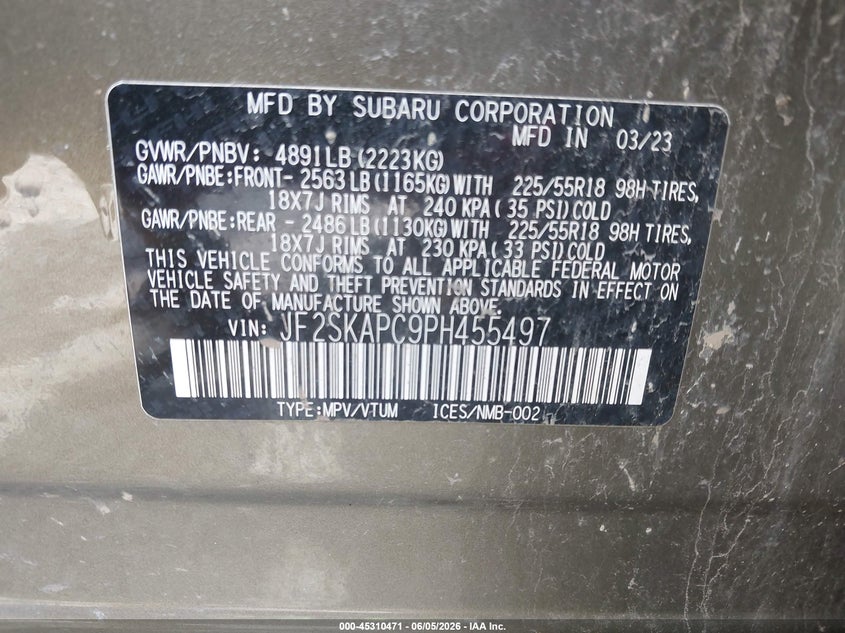2023 Subaru Forester VIN JF2SKAPC9PH455497 IAAI salvage auction — REAR END, Salvage Title, sold $5,300 on 2026-07-29 (photo 9)
