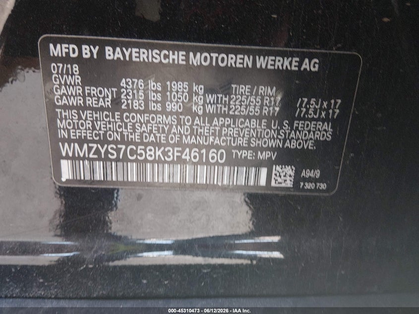2019 Mini Countryman VIN WMZYS7C58K3F46160 IAAI salvage auction — FRONT END, Salvage (Illinois), sold $1,850 on 2026-07-14 (photo 9)