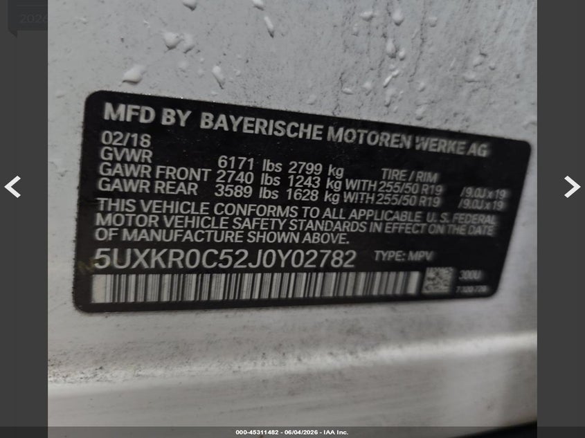 2018 BMW X5 VIN 5UXKR0C52J0Y02782 IAAI salvage auction — ELECTRICAL, Clear (Pennsylvania), sold $6,050 on 2026-07-15 (photo 8)