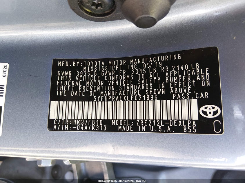 2020 Toyota Corolla VIN 5YFHPRAEXLP021896 IAAI salvage auction — LEFT SIDE, Original (Texas), sold $5,000 on 2026-07-29 (photo 9)