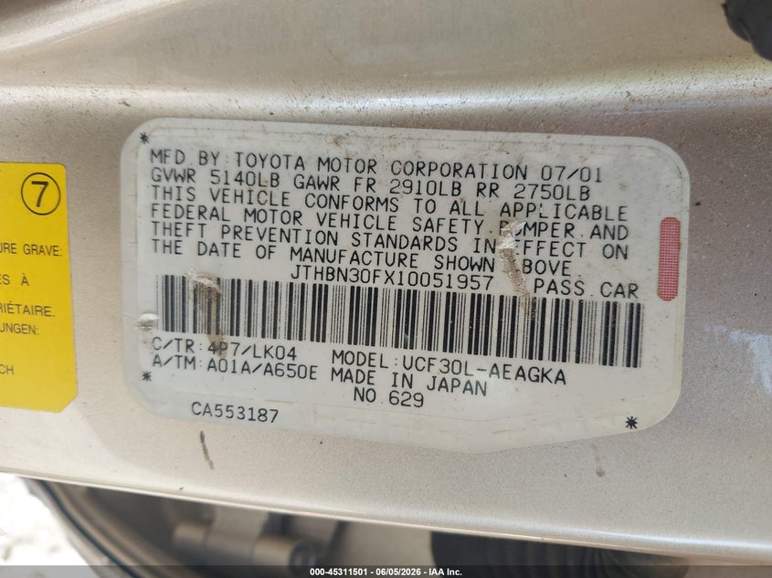 2001 Lexus Ls 430 VIN JTHBN30FX10051957 IAAI salvage auction — FRONT & REAR, Repossession Paperwork (Georgia), sold $25 on 2026-07-06 (photo 9)