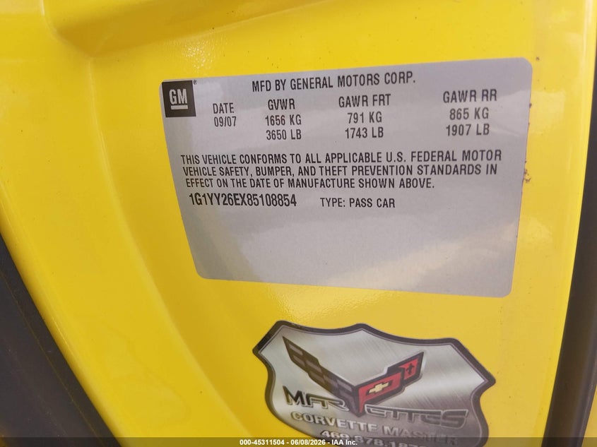 2008 Chevrolet Corvette VIN 1G1YY26EX85108854 IAAI salvage auction — ROLLOVER, Salvage (Tennessee), sold $9,600 on 2026-07-18 (photo 9)