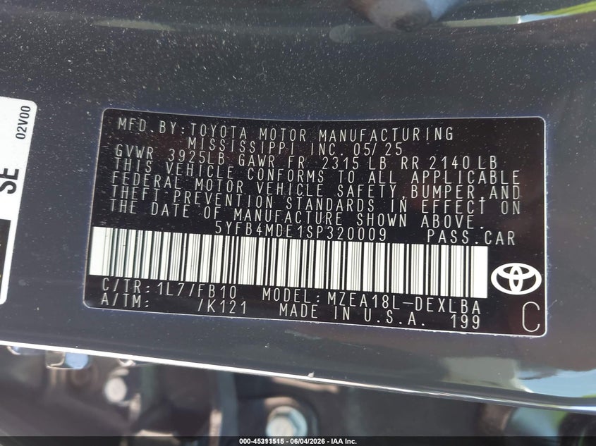2025 Toyota Corolla VIN 5YFB4MDE1SP320009 IAAI salvage auction — REPOSSESSION, Salvage Title, sold $1,700 on 2026-07-10 (photo 9)