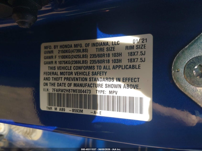 2021 Honda Cr-v VIN 7FARW2H87ME004473 IAAI salvage auction — REAR END, Salvage Title, sold $9,450 on 2026-07-21 (photo 9)