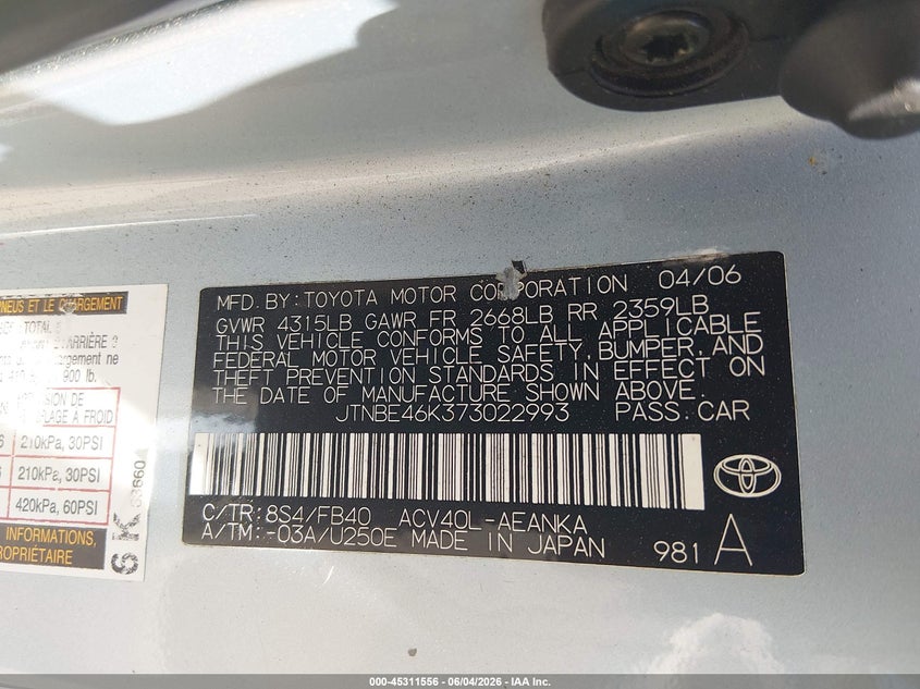2007 Toyota Camry VIN JTNBE46K373022993 IAAI salvage auction — NORMAL WEAR, Clear (Virginia), sold $800 on 2026-07-17 (photo 9)
