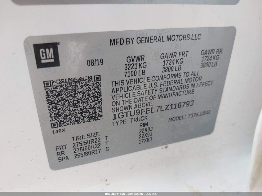 2020 Gmc SIERRA VIN 1GTU9FEL7LZ116793 IAAI salvage auction — LEFT FRONT, Salvage (Missouri), sold $13,400 on 2026-07-19 (photo 9)
