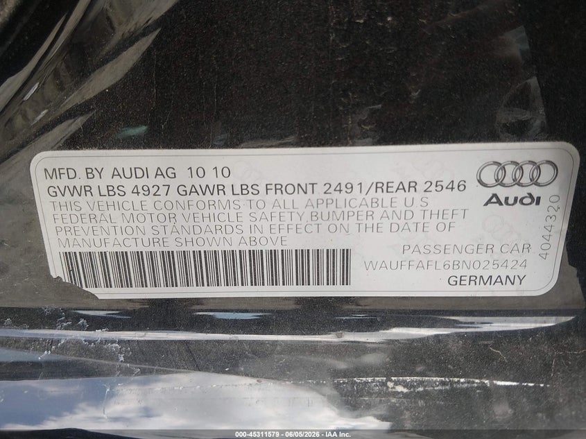 2011 Audi A4 VIN WAUFFAFL6BN025424 IAAI salvage auction — LEFT SIDE, Salvage (Ohio), sold $625 on 2026-07-15 (photo 9)