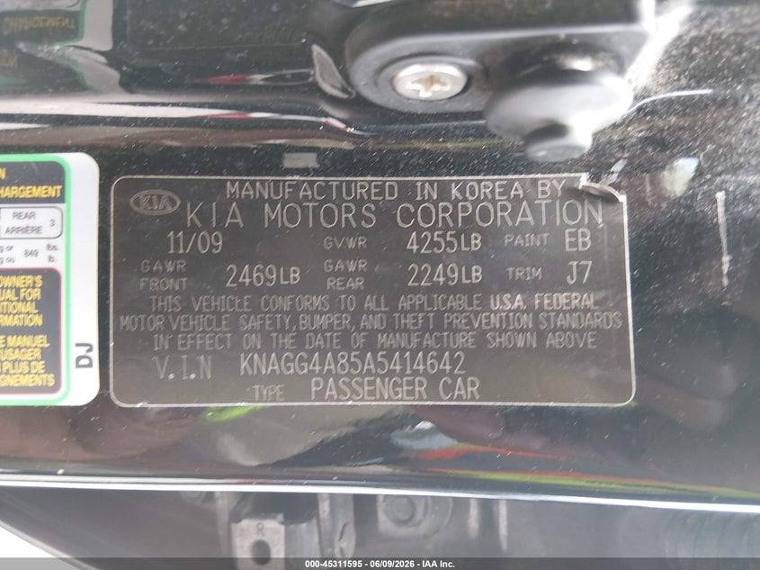 2010 Kia Optima VIN KNAGG4A85A5414642 IAAI salvage auction — REAR END, Salvage (Illinois), sold $700 on 2026-07-21 (photo 9)