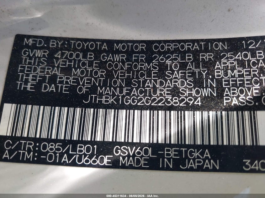 2016 Lexus ES VIN JTHBK1GG2G2238294 IAAI salvage auction — FRONT END, Salvage Title, sold $3,900 on 2026-07-14 (photo 9)