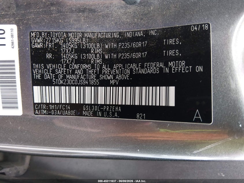 2018 Toyota Sienna VIN 5TDKZ3DC0JS941855 IAAI salvage auction — FRONT END, Salvage Title, sold $3,550 on 2026-07-14 (photo 9)