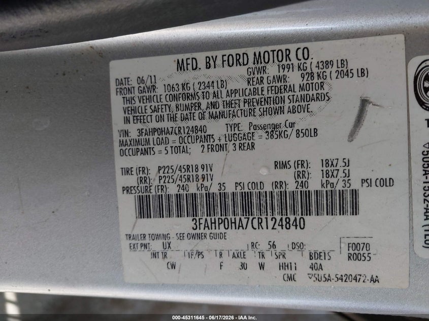 2012 Ford Fusion VIN 3FAHP0HA7CR124840 IAAI salvage auction — FRONT END, Clear (Florida), sold $225 on 2026-07-23 (photo 9)