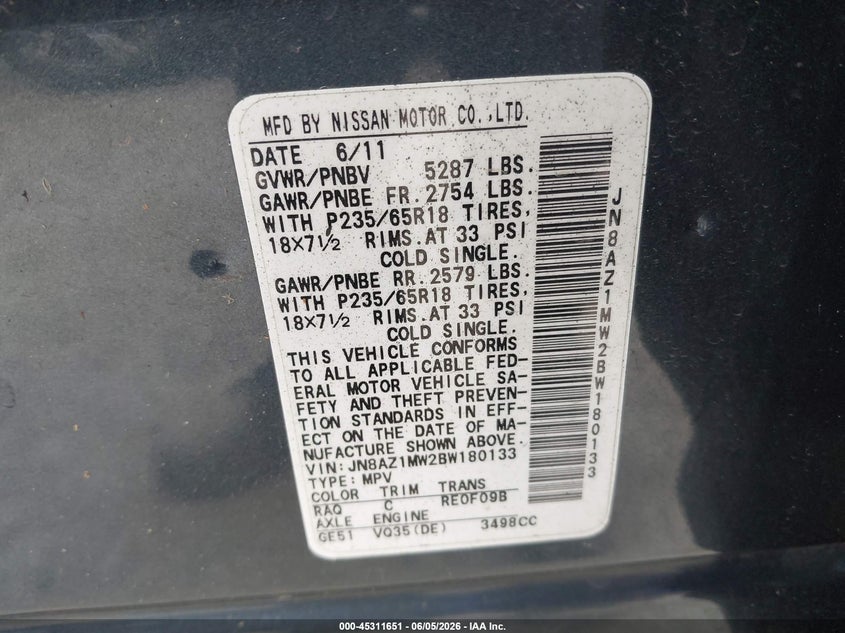 2011 Nissan Murano VIN JN8AZ1MW2BW180133 IAAI salvage auction — NORMAL WEAR, Clear (Washington), sold $425 on 2026-07-22 (photo 9)