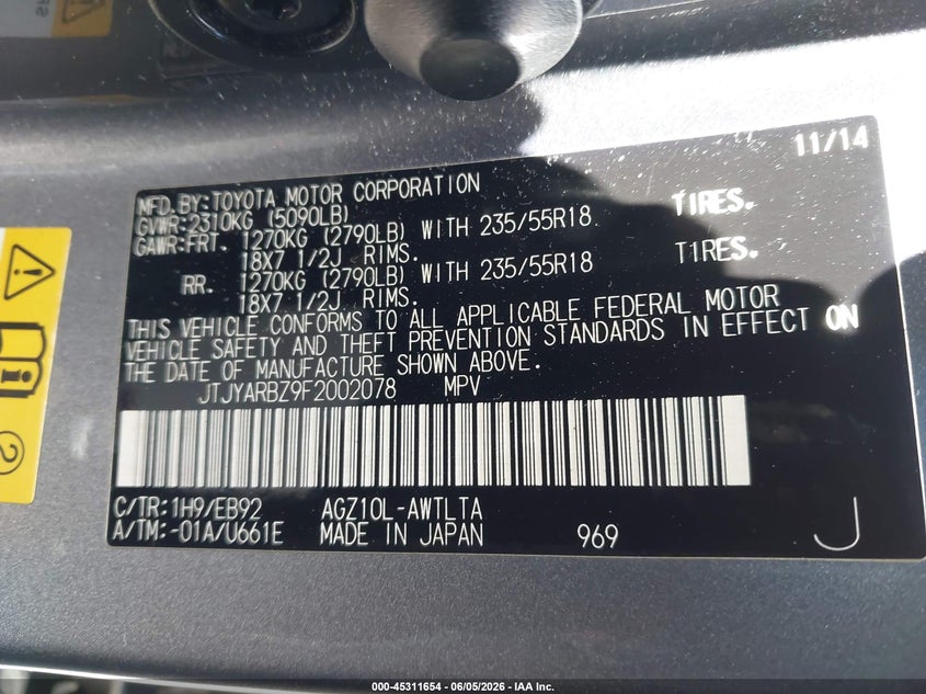 2015 Lexus Nx VIN JTJYARBZ9F2002078 IAAI salvage auction — REAR END, Salvage Title, sold $9,725 on 2026-07-20 (photo 9)