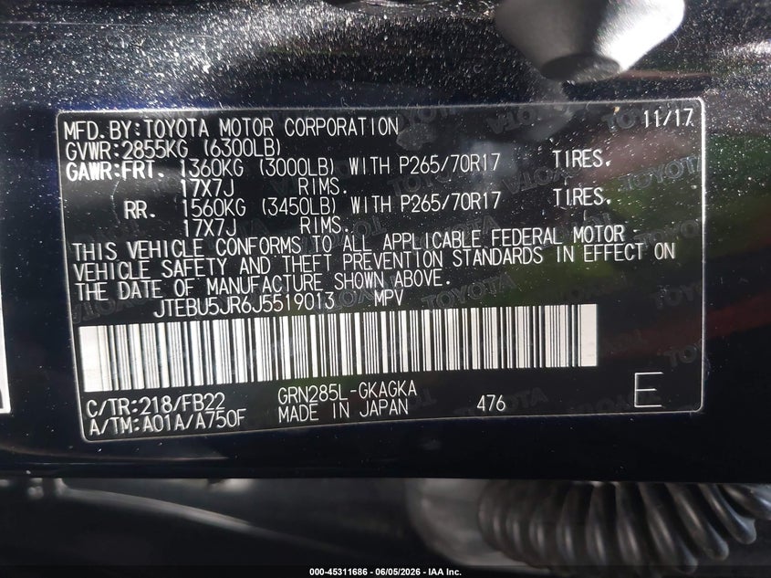 2018 Toyota 4runner VIN JTEBU5JR6J5519013 IAAI salvage auction — LEFT FRONT, Salvage Title, sold $12,275 on 2026-07-20 (photo 9)