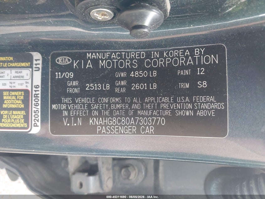 2010 Kia Rondo VIN KNAHG8C80A7303770 IAAI salvage auction — RIGHT FRONT, Clear (Indiana), sold $475 on 2026-07-14 (photo 9)