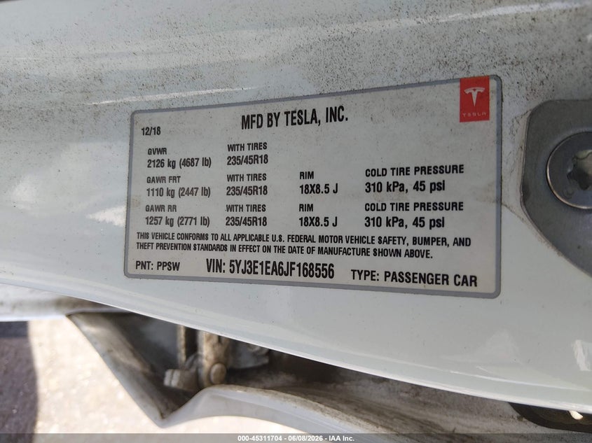 2018 Tesla Model 3 VIN 5YJ3E1EA6JF168556 IAAI salvage auction — REAR END, Salvage Title, sold $3,250 on 2026-07-23 (photo 9)