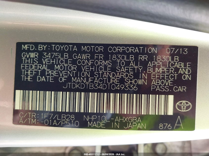 2013 Toyota Prius c VIN JTDKDTB34D1049336 IAAI salvage auction — FRONT END, Salvage Title, sold $1,550 on 2026-07-09 (photo 9)