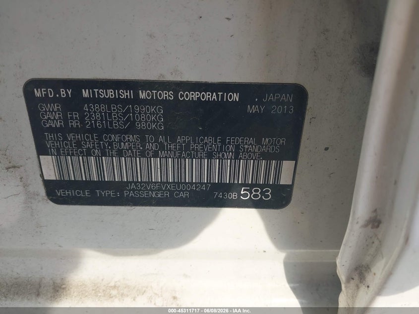 2014 Mitsubishi Lancer VIN JA32V6FVXEU004247 IAAI salvage auction — NORMAL WEAR, Salvage Title, sold $1,050 on 2026-07-22 (photo 9)