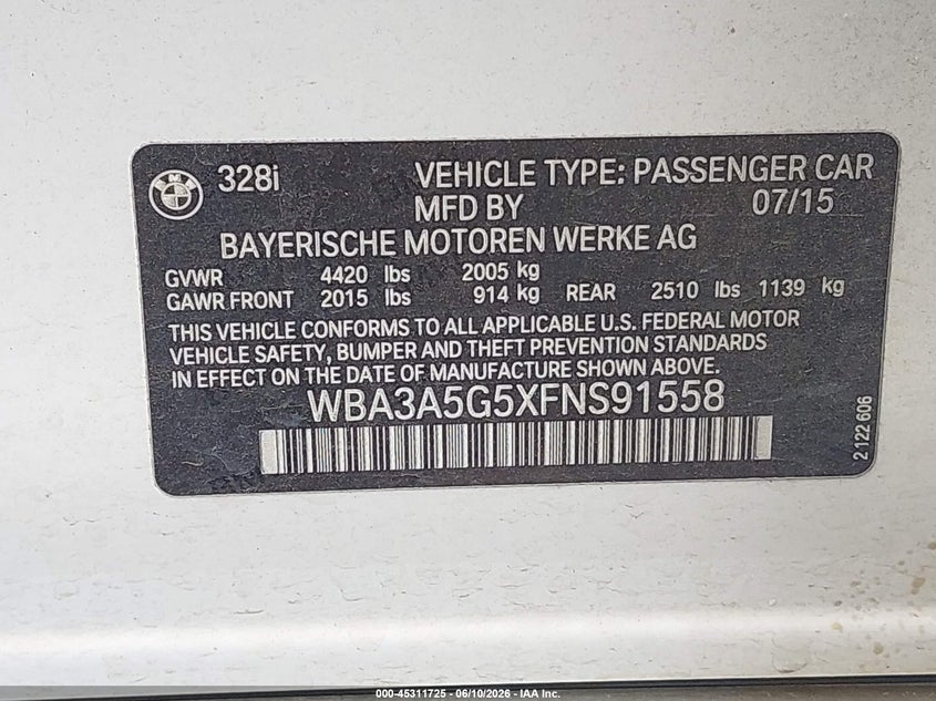 2015 BMW 3er VIN WBA3A5G5XFNS91558 IAAI salvage auction — FRONT END, Salvage (Mississippi), sold $950 on 2026-07-11 (photo 9)