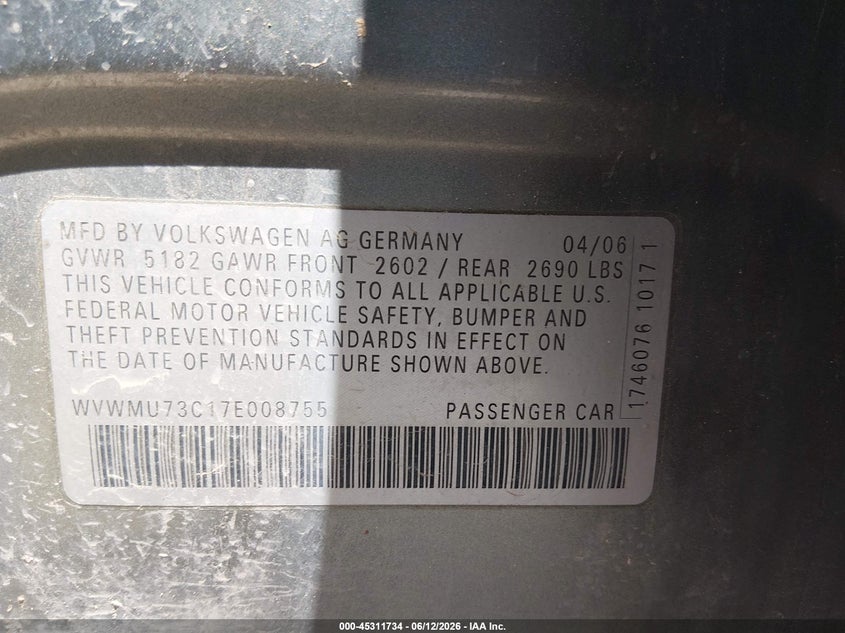 2007 Volkswagen Passat VIN WVWMU73C17E008755 IAAI salvage auction — NORMAL WEAR, Nrc Lienholder Repossession Paperwork (New Mexico), sold $300 on 2026-07-20 (photo 9)