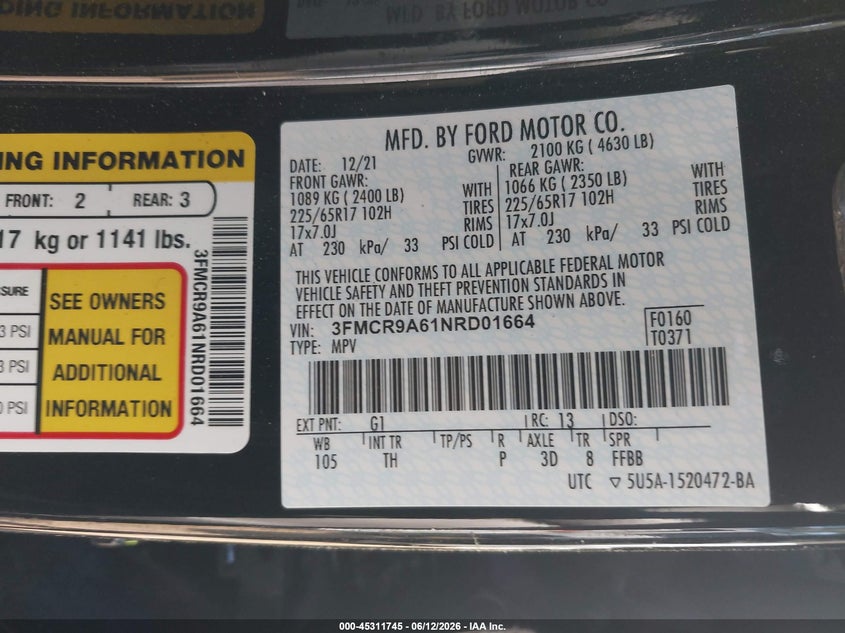 2022 Ford Bronco sport VIN 3FMCR9A61NRD01664 IAAI salvage auction — LEFT SIDE, Salvage (Virginia), sold $4,100 on 2026-07-09 (photo 9)