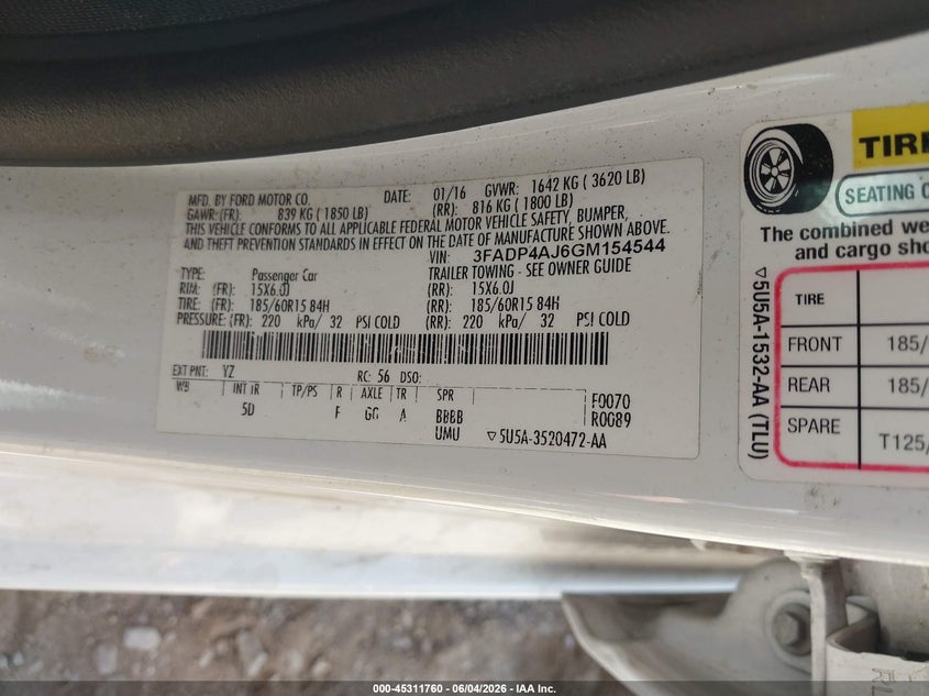 2016 Ford Fiesta VIN 3FADP4AJ6GM154544 IAAI salvage auction — NORMAL WEAR, Clear (Arizona), sold $675 on 2026-07-09 (photo 9)