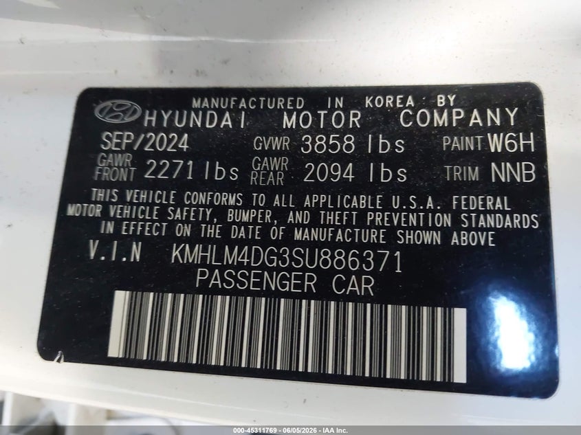 2025 Hyundai Elantra VIN KMHLM4DG3SU886371 IAAI salvage auction — FRONT END, Salvage Title, sold $5,400 on 2026-07-22 (photo 9)
