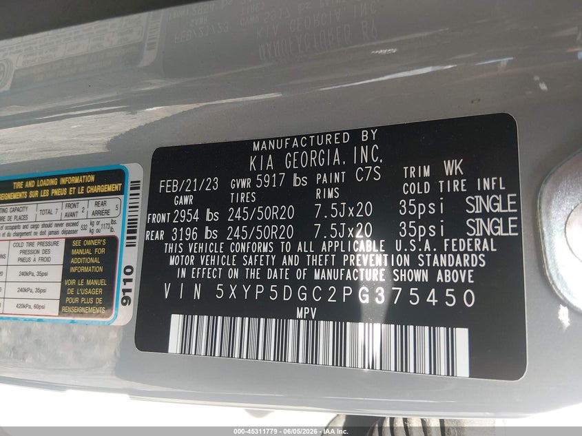 2023 Kia Telluride VIN 5XYP5DGC2PG375450 IAAI salvage auction — RIGHT FRONT, Salvage Title, sold $9,050 on 2026-07-22 (photo 9)