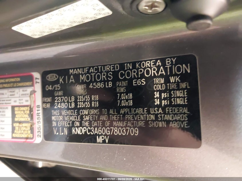2016 Kia Sportage VIN KNDPC3A60G7803709 IAAI salvage auction — FRONT END, Salvage Title, sold $225 on 2026-07-28 (photo 9)
