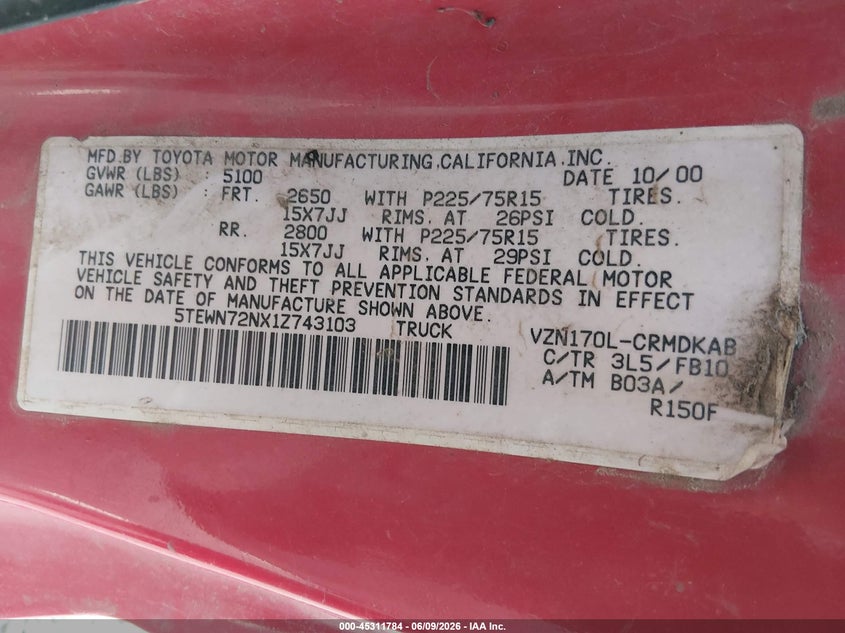 2001 Toyota Tacoma VIN 5TEWN72NX1Z743103 IAAI salvage auction — ROLLOVER, Salvage (Oregon), sold $1,250 on 2026-07-16 (photo 9)