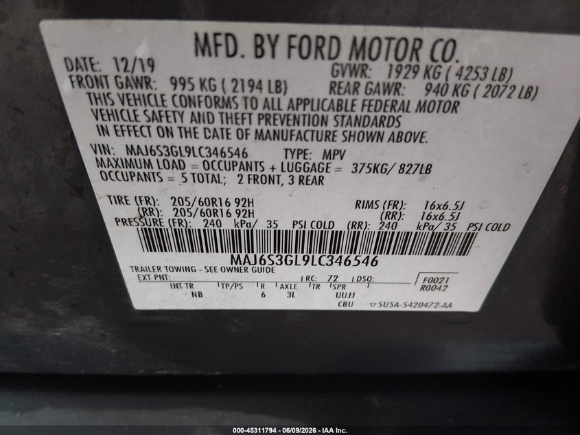 2020 Ford Ecosport VIN MAJ6S3GL9LC346546 IAAI salvage auction — FRONT END, Salvage Title, sold $475 on 2026-07-15 (photo 9)