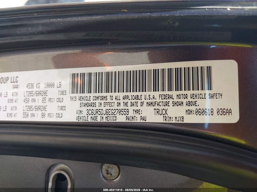 2014 Ram 2500 VIN 3C6UR5DJ6EG270559 IAAI salvage auction — FRONT END, Salvage Title, sold $4,950 on 2026-07-11 (photo 9)