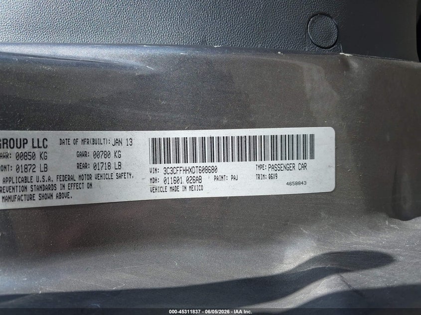 2013 Fiat 500 VIN 3C3CFFHHXDT608680 IAAI salvage auction — FRONT END, Salvage Title, sold $400 on 2026-08-01 (photo 9)