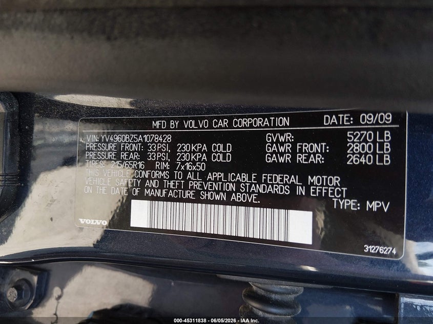 2010 Volvo Xc70 VIN YV4960BZ5A1078428 IAAI salvage auction — FRONT END, Salvage (Massachusetts), sold $425 on 2026-07-24 (photo 9)