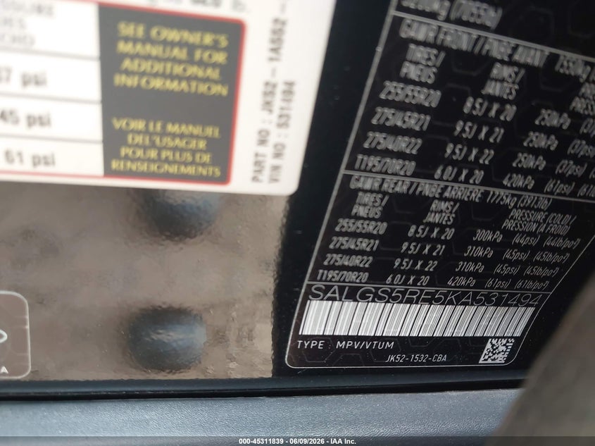 2019 Land rover RANGE ROVER VIN SALGS5RE5KA531494 IAAI salvage auction — FRONT END, Salvage Title, sold $14,800 on 2026-07-13 (photo 9)