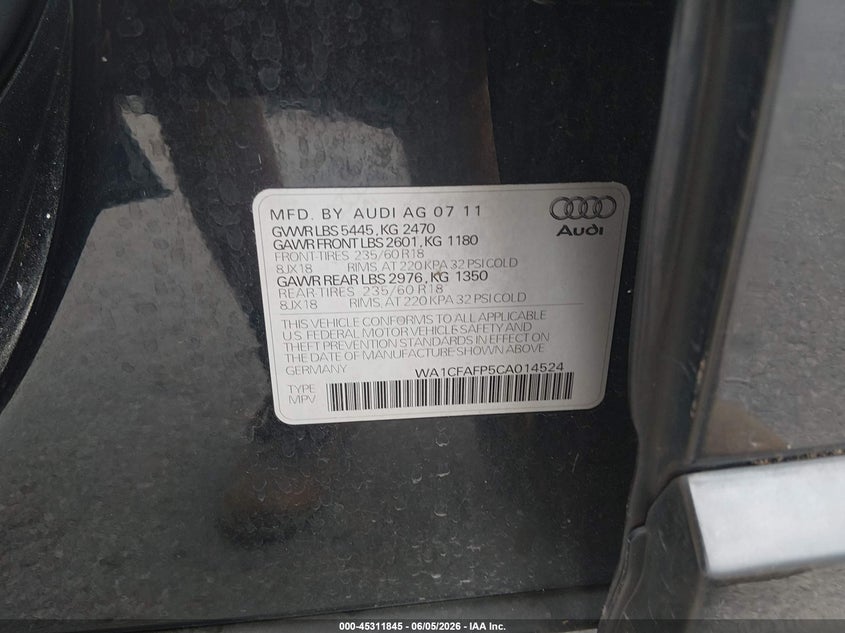 2012 Audi Q5 VIN WA1CFAFP5CA014524 IAAI salvage auction — SIDE, Salvage Title, sold $25 on 2026-07-23 (photo 9)